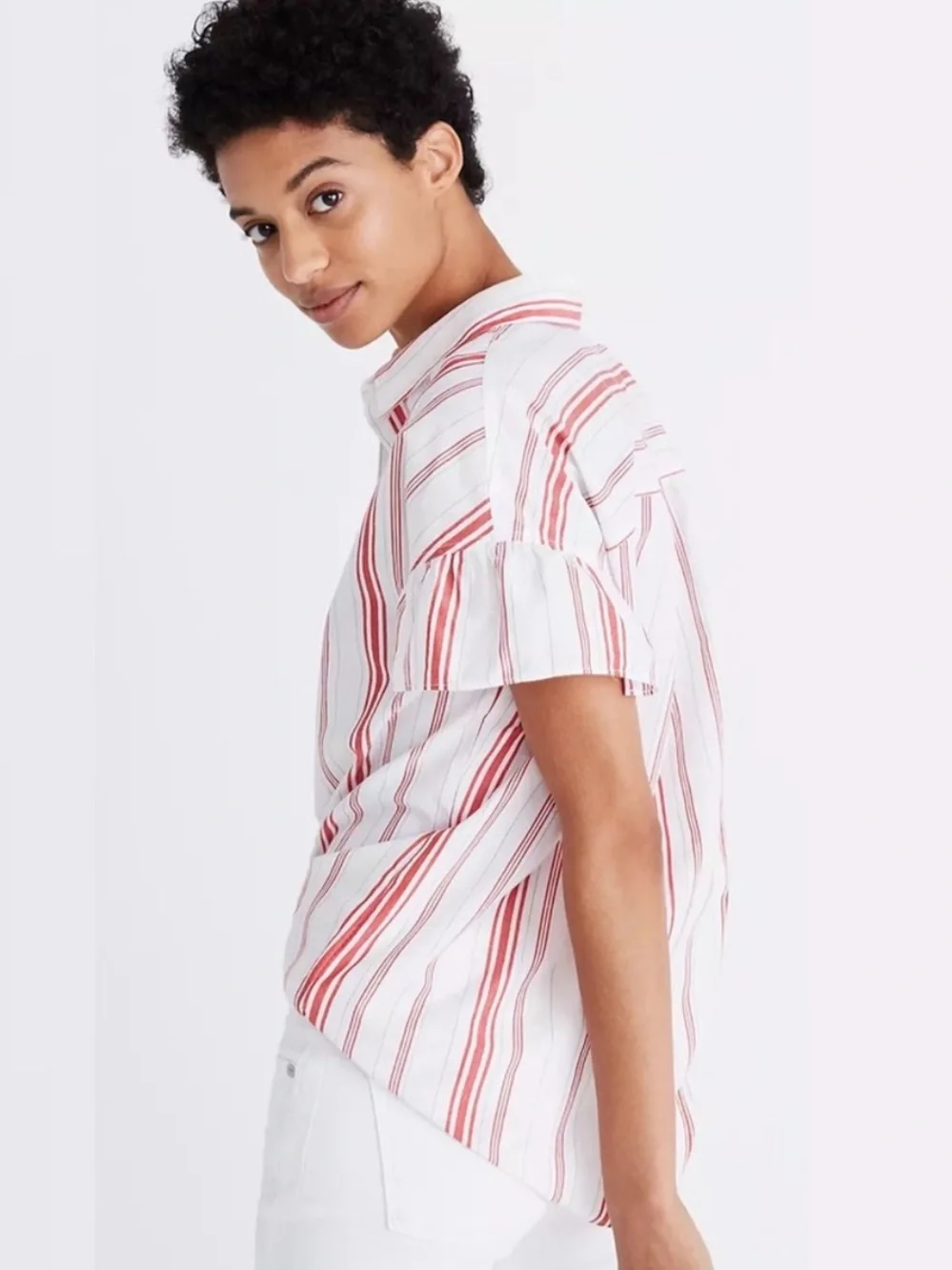Madewell Central Ruffle Sleeve Shirt in Carey Red Stripes!